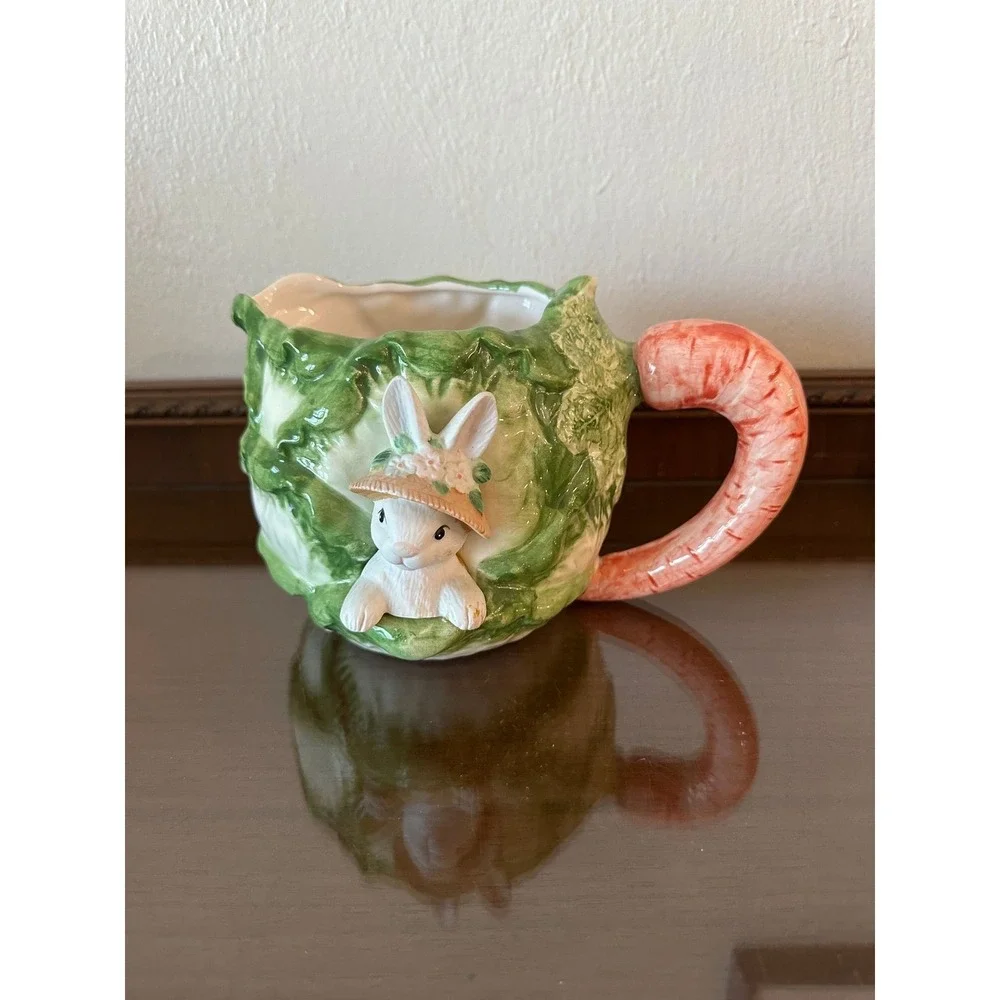 Vintage Fitz and Floyd OCI Taiwan Rabbit Cabbage Bunny Teapot with Carrot Handle